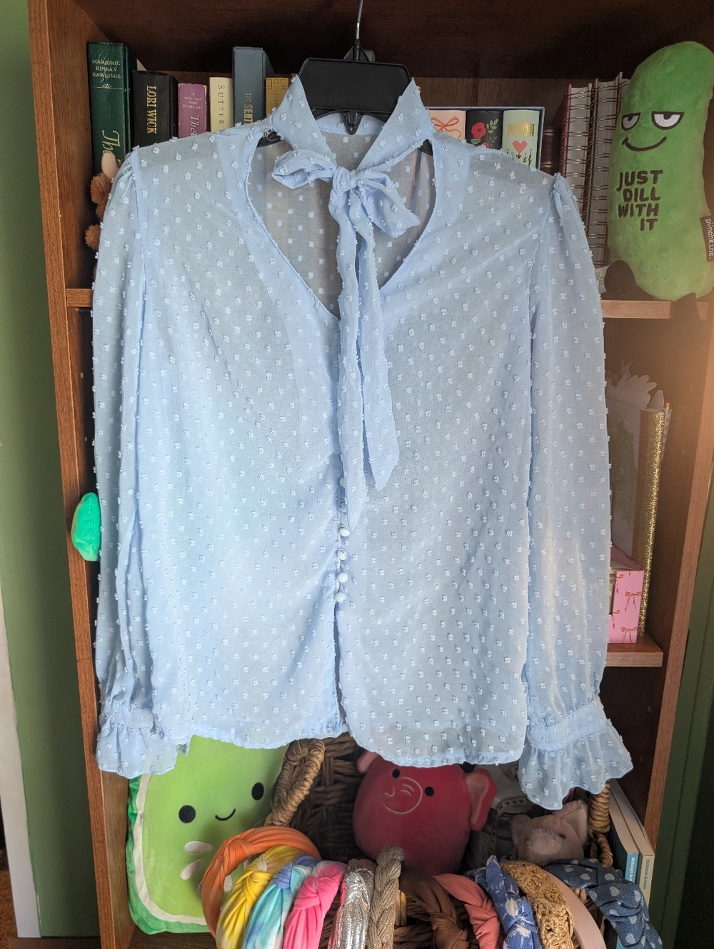Light Blue Swiss Dot Tie-Neck Blouse - Women - Picture 2 of 7
